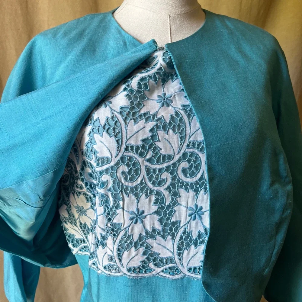 1960s Turquoise Blue‎ Lace Wiggle Dress Set Jackie O Style Matching Jacket L
